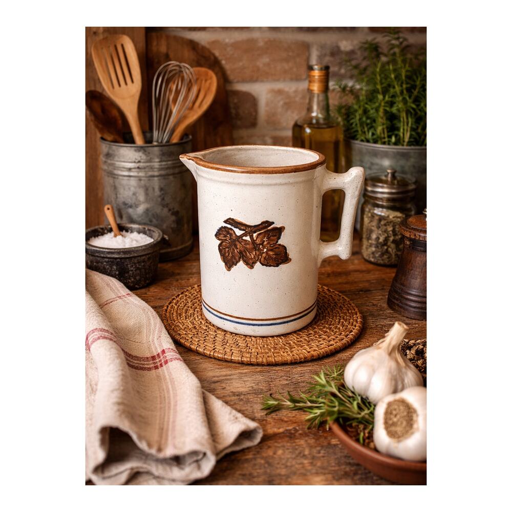 Brown Blue White Stoneware Brush-McCoy Oak Leaf Pitcher 7"